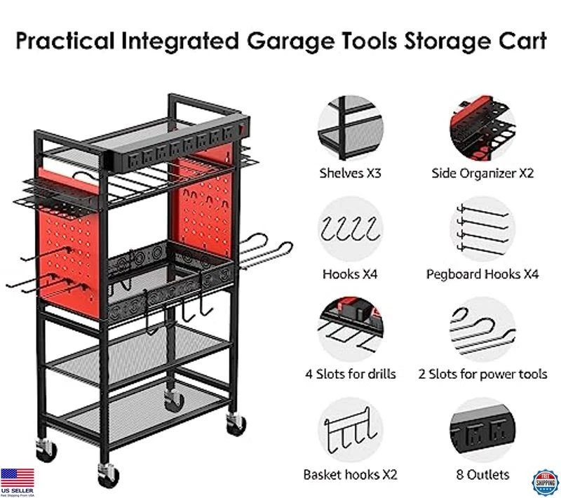 Power Tool Organizer Cart with Charging Station, Rolling Storage on Wheels, Red - Image 3 of 4
