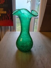 Green Crackle Glass Vase Decorative Glossy Flared Rim 8in Collectible
