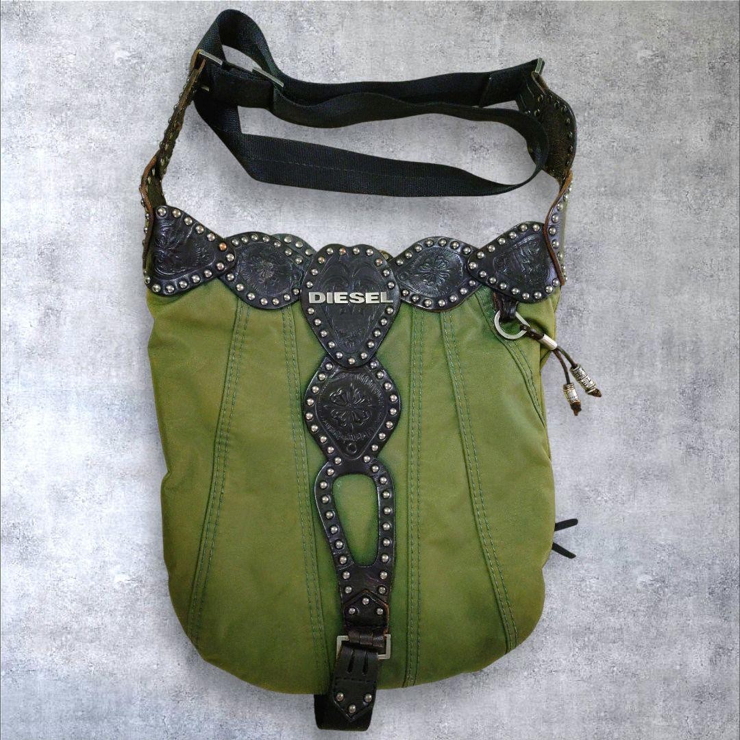 バッグ DIESEL mulch gimmick shoulder bag y2k DIESEL Shoulder Bag Y2K Studded Green Genuine Leather… - Gem