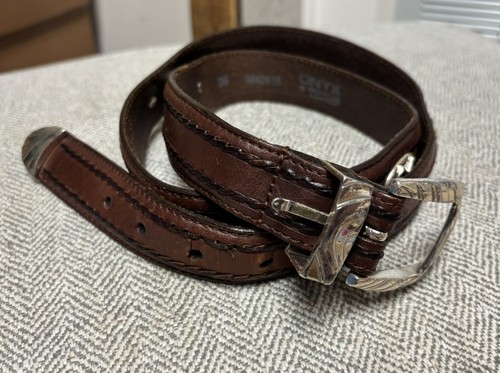 ONYX by Brighton Brown Leather Silver Medallion Golf Belt Mens Size 36 - Picture 1 of 7