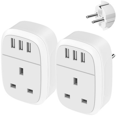 UK to European Adapter Plug 2 Pack, EU Schuko Travel Adapter with 3 USB Port, EU