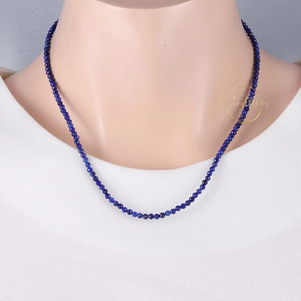 Collana di perle tonde sfaccettate in lapislazzuli naturali 18" con... - Immagine 3 di 4