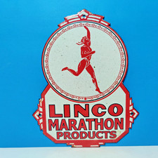 Vintage LINCO MARATHON PRODUCTS Oil and Gas Porcelain Enamel Metal Sign 9" x 7"