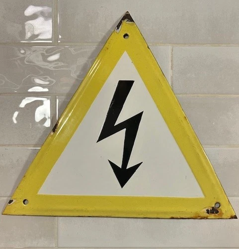 Vintage Tin Enamel Porcelain Sign Industrial --1970's--Belgium High Voltage RARE