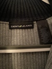 DKNY JEANS Lady  s Gray Ribbed-Knit Cotton Full Zip Mock Neck Logo Sweater Size L