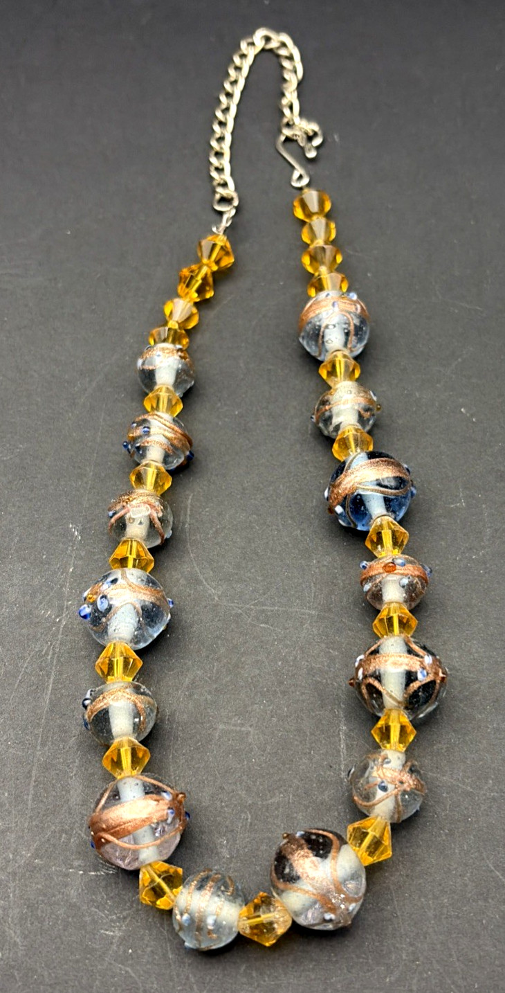 Vintage Venetian Wedding Cake Beaded Necklace Murano Glass Textured Blue 16
