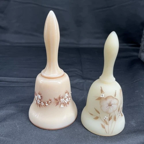 Vintage Westmoreland Almond Milk Glass Fenton Signed White Flowers Bell Brown