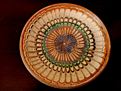 Vintage Romanian Horezu Signed Clay Dish Earthtone Feathered Design 6.5 Inches