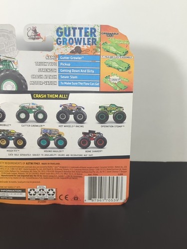 Hot Wheels Monster Truck 1:64 Gutter Growler SEALED Rare W/ Crushable Car Mattel - Imagen 9 de 15