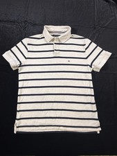 Tommy Hilfiger Polo Shirt Mens Medium Short Sleeve Tan Beige Navy Striped
