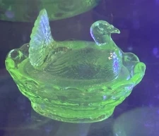 Vintage Boyd Glass Miniature Turkey on Nest Salt Vaseline Uranium Glass