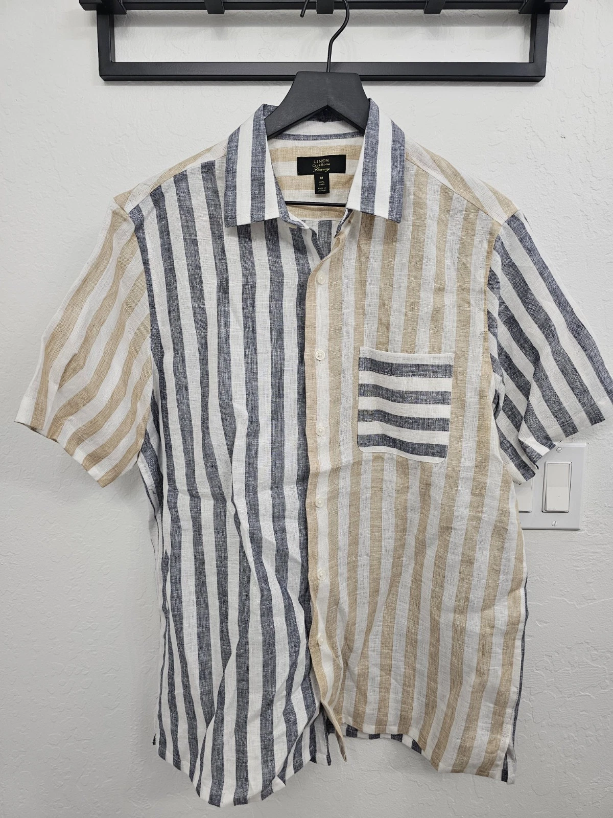 Club Room Men's Luxury Linen Central Stripe Short Sleeve Button Shirt Blue tan