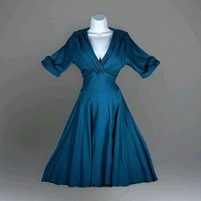 Unique Vintage Dress Womens Large Teal Fit Flare Swing Midi 50s Style Retro
