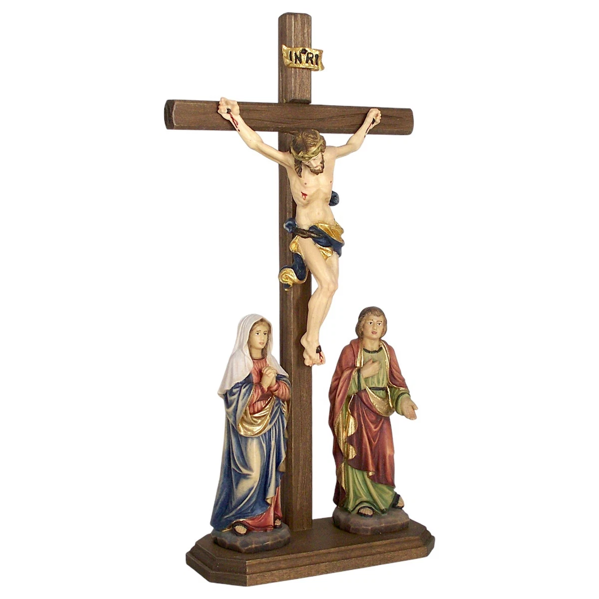 HOLZ KREUZIGUNGSGRUPPE – Stehbalken 24 cm – Maria & Johannes fixiert – coloriert