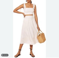 Reformation Willow White 100 Linen Smocked Waist Skirt Summer Beach Sz 6