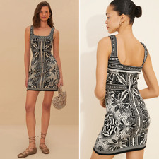 FARM Rio Knit Black Mini Dress sz Medium NWT Off-White Monochrome Elegance Scarf