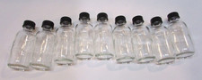 Nine New Unused 2 oz 4" Tall Clear Glass Bottles w Black Plastic Screw Caps