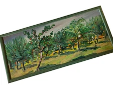 Vintage abstract landscape original oil Painting hand painted trees by Habol