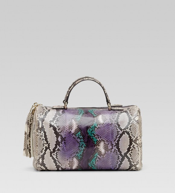 $3400 NEW Gucci Medium Boston Bag Grape EXOTIC PYTHON Beige Green
