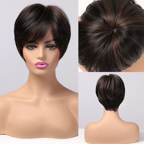 Light Brown Blond Highlight Wig Bangs Short Straight Side Part Synthetic Wigs - Bild 18 von 33