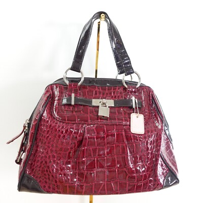 Womens Bag Leather Red Shoulder Patent Crocodile Embossed Burgundy