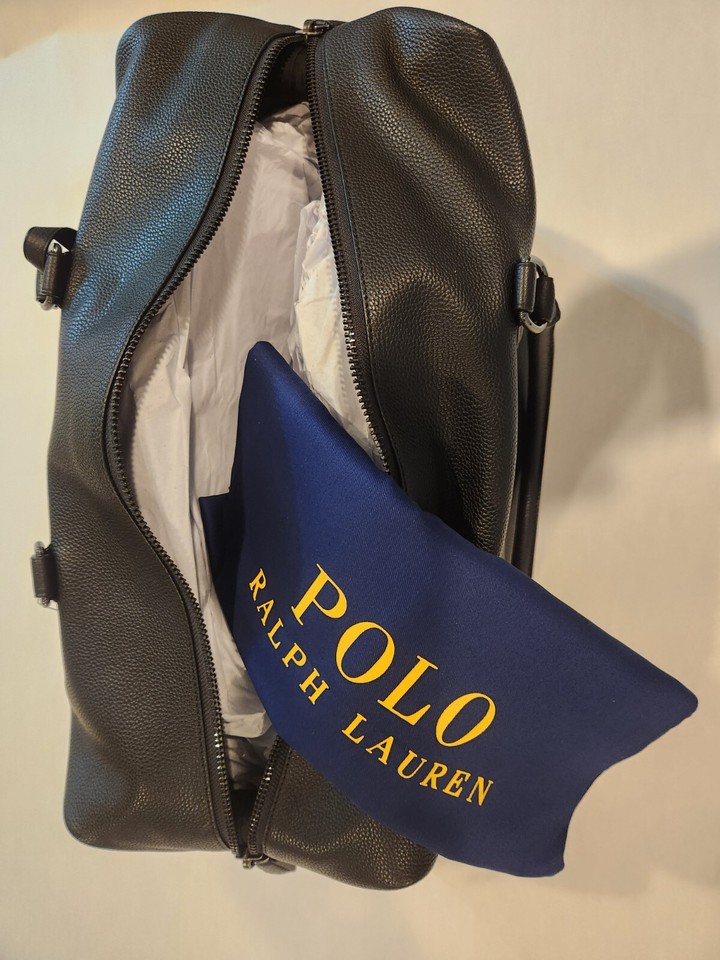 Polo Ralph Lauren Pebbled Leather Duffle Bag Carry On Bag, Black, New