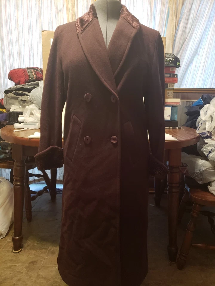 DE COLECCIÓN ALORNA 100% LANA 2 PETITE PÚRPURA LARGO DBL PECHOS FORRADO PIEL SINTÉTICA HECHO EN EE. UU.