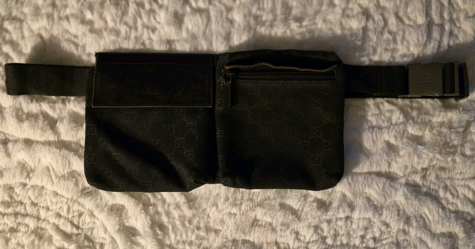 ¡Auténtico! Bolso Bandolera Cinturón Tela Lona Negro Doble Bolsillo Gucci Marrón Oscuro GG Foto 3 de 4