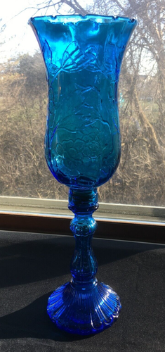 Vtg 60s Italy Empoli Glass Hurricane Chimney Blue Lamp Candle Holder 17.5" T - Picture 3 of 18
