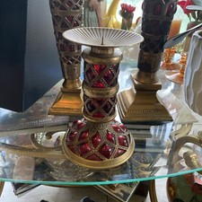 Deep English Cranberry Glass With Gilted Brass Candle Holder