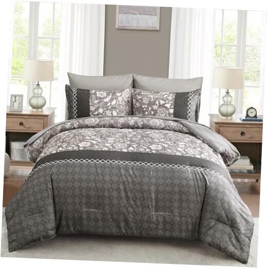 Comforter Set 7 Pieces Bed in a Bag Floral Geometric Patchwork Soft Queen Grey