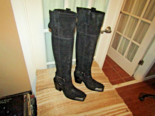 Jeffrey Campbell Black Suede Leather Black OTK Heeled Boots Women's size 6.5 - 第 1/10 張圖片