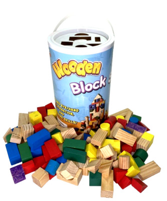 Wooden Building Blocks Set of 100 Various Colors and Shapes and Storage Canister