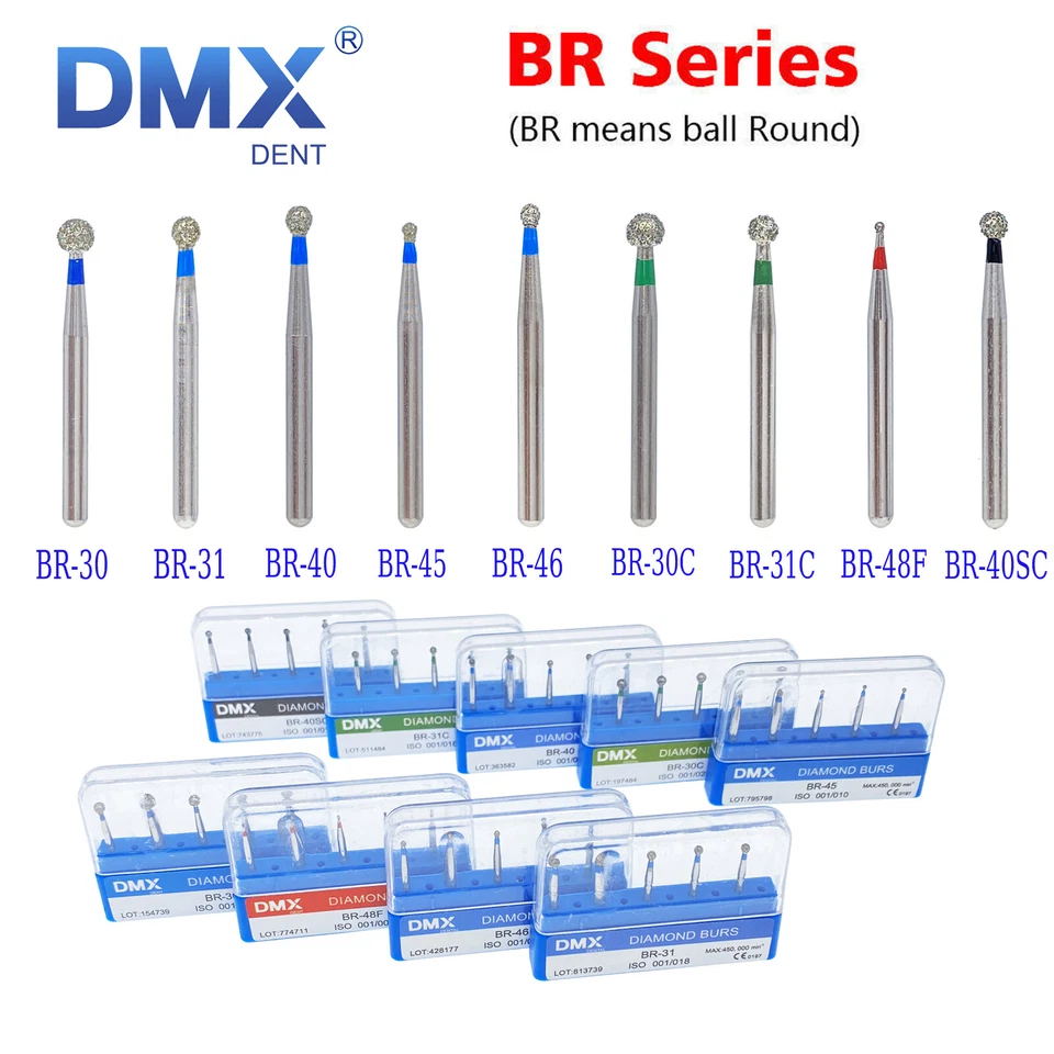 DMXDENT Dental Diamond Bur for High Speed Handpiece Medium FG1.6mm BR ball Round