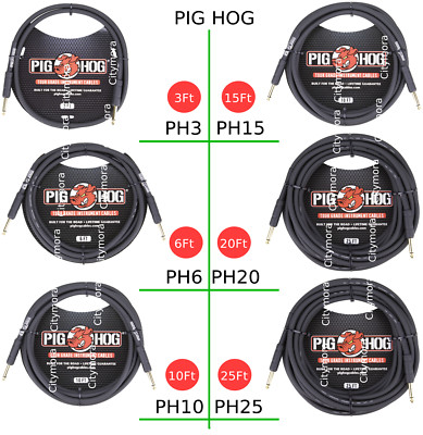 Pig Hog PH3/6/10/15/20/25 Straight Guitar Cord 8mm Instrument Patch Cable Black