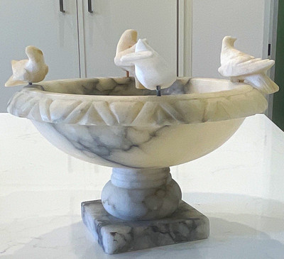 Marble Miniature Alabaster Vintage Bird Bath White/Gray
