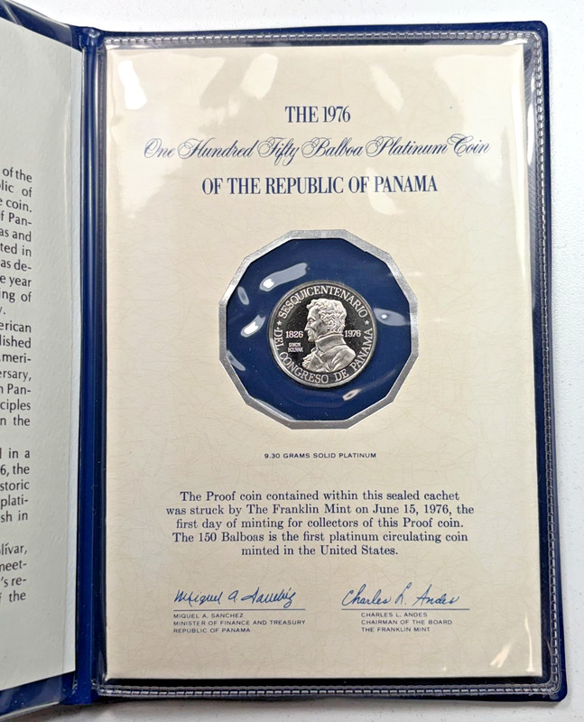 1976 Panama Republic Platinum 150 Balboas Proof Coin Franklin Mint Book 9.3 g