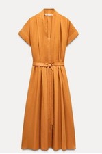 ZARA ORANGE MIDI BELTED ZW COLLECTION UNLINED SHIRT DRESS SIZE L 2183/246 NEW