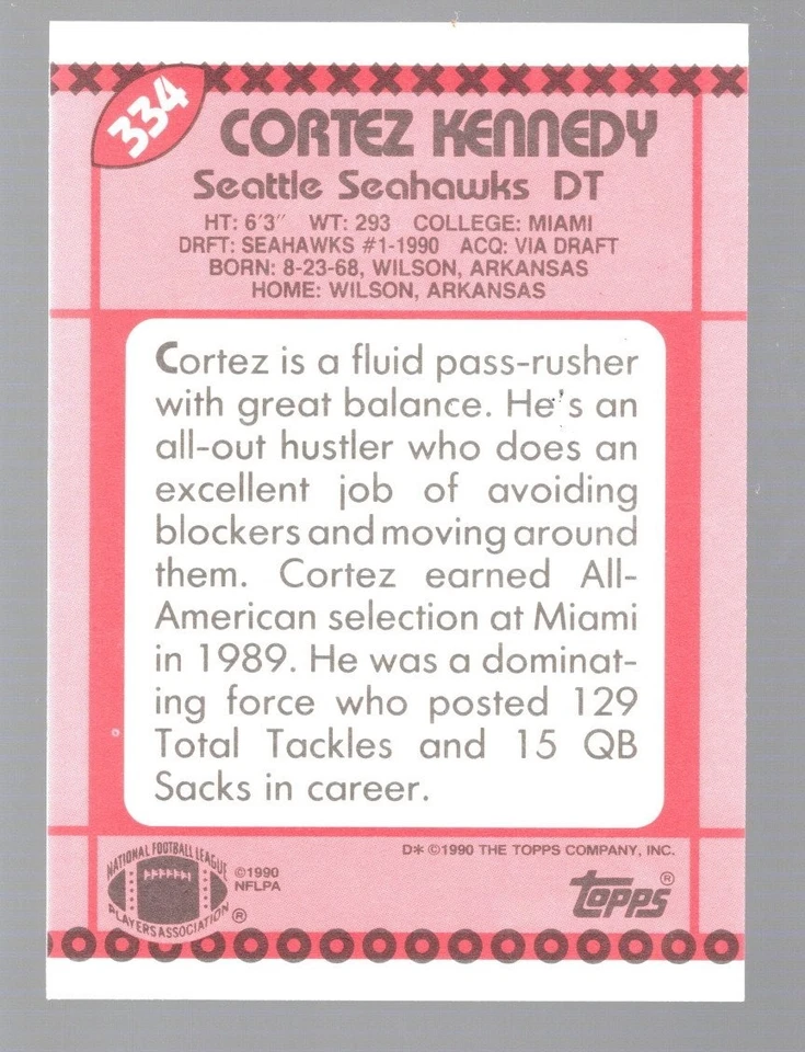 Cortez Kennedy 1990 Topps Tiffany #334 RC - Image 2 of 2