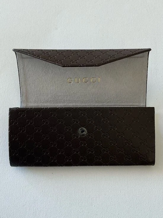 GUCCI Brown Embossed Leather Hardshell Folding Triangle Glasses Case Suede Gucci Brown Eyeglass Trifold Glasses Case Folding Hardshell  main image 4
