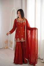 New Launching Silk Rust Orange Top Palazzo With Dupatta For Women  Girls Wear
