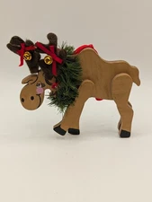 1987 Kurt S Adler Co. Wooden Moose Christmas Ornament Red Ribbons & Bells