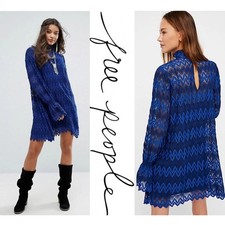 5661)Free People M Cobalt Blue Simone Mockneck Crocht Lace Bell Sleve Mini Dress