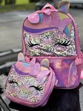 Girls Unicorn Sequin Backpack Pink Glitter School Bag 3D New