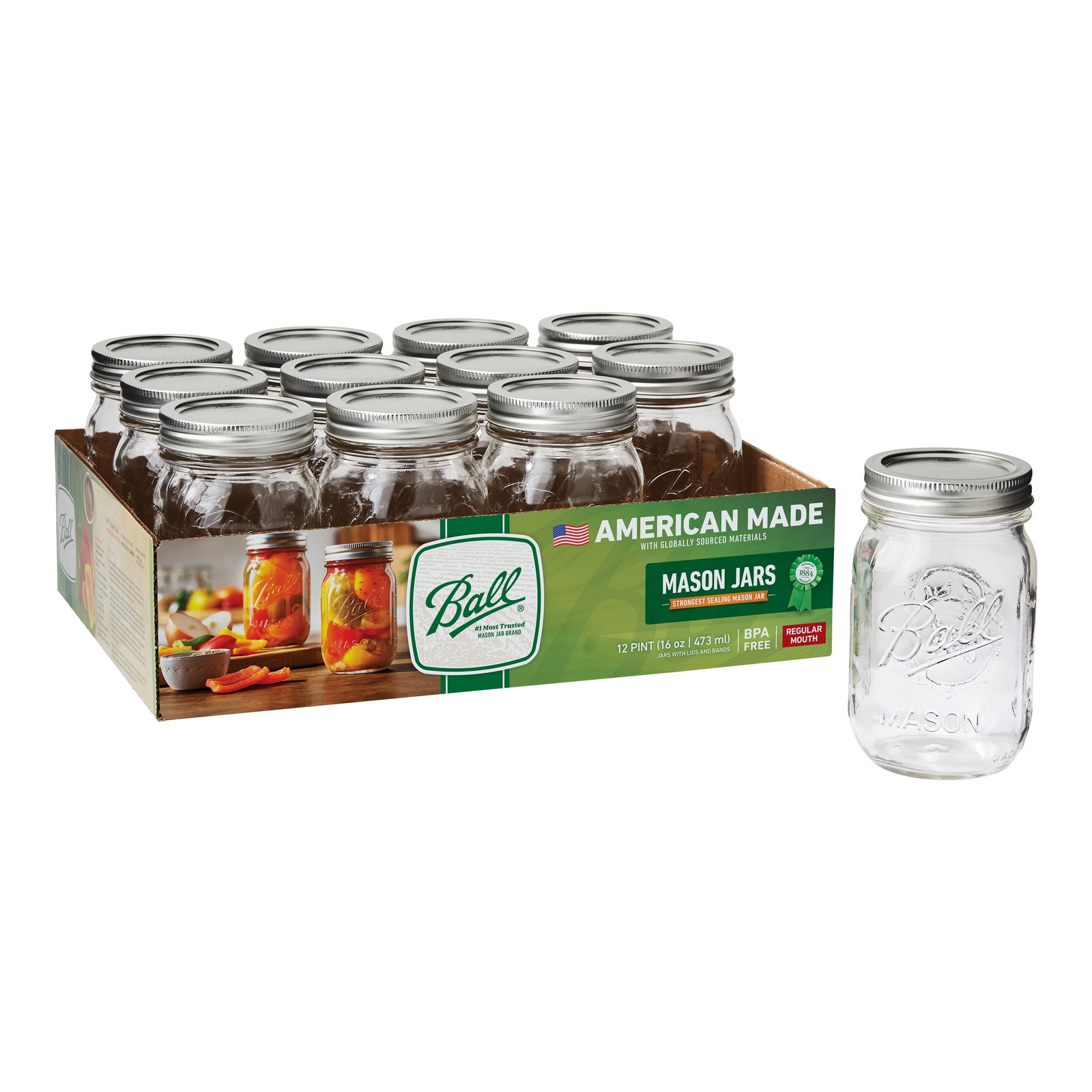 16 Oz Mason Jars, Regular Mouth Pint Canning Jars with Lids and Rings, 12-Pack G
