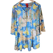CRISTINA Blue Yellow Loose Tuscan Theme Boho Flowing Long Sleeve Top SZ L