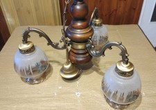 Lampadario Vintage Anni 60 - 70 Ottone  Legno Vetro Serigrafato 3 Luci
