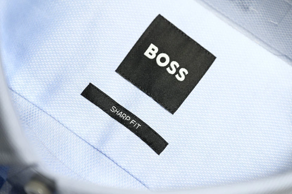 HUGO BOSS Uomo Sharp Fit Solido Pastello Cotone Blu Camicia 43 17 34/35 - Immagine 4 di 4