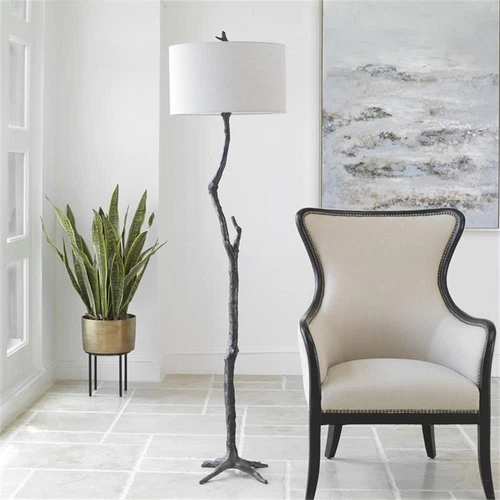Uttermost Spruce Transitional Cast Iron and Fabric Floor Lamp in Black/Silver - Picture 7 of 8