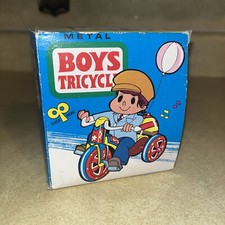 Rare Vintage Metal Tin Litho Boys Triycle Wind-Up Toy With Box